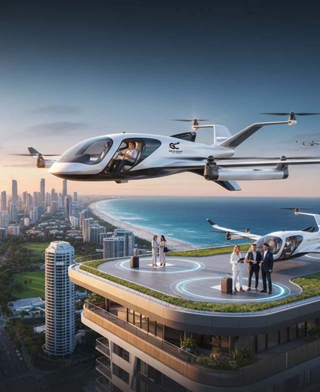 Concept eVTOL aircraft over Melbourne skyline